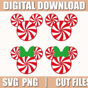 Puede incluir: Descarga digital con cuatro conjuntos de diseños de caramelos de menta roja y blanca. Dos conjuntos tienen la forma clásica de Mickey Mouse, y dos conjuntos incluyen un lazo verde. Se muestra el texto "DIGITAL DOWNLOAD" y "SVG PNG | CUT FILES".