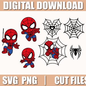Puede incluir: Descarga digital con personajes de dibujos animados de Spider-Man en rojo y azul, junto con telarañas y una silueta de araña. Se muestra el texto "DIGITAL DOWNLOAD" y "SVG PNG | CUT FILES".