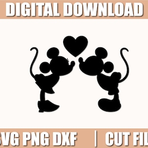 Könnte beinhalten: Schwarze Silhouette von zwei Zeichentrickmäusen, die sich küssen, mit einem Herz darüber. Das Bild enthält oben den Text "DIGITALER DOWNLOAD" und unten "SVG PNG DXF | SCHNITTDATEIEN". Das Design befindet sich auf weißem Hintergrund.