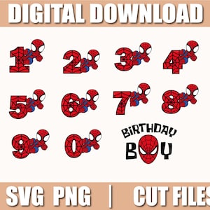 Peut inclure: Téléchargement numérique avec les chiffres 1 à 9 et un graphisme "Birthday Boy", le tout sur le thème de Spider-Man en rouge et bleu. Les chiffres sont stylisés avec un personnage de Spider-Man. L'image comprend également "SVG PNG | CUT FILES".