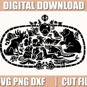 Könnte beinhalten: Schwarz-weißes digitales Download-Design mit Tier-Silhouetten, darunter Bär, Elch und Vögel, in einem ovalen Rahmen. Der Text lautet "DIGITAL DOWNLOAD" und "SVG PNG DXF | CUT FILES".