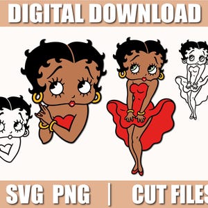 Puede incluir: Descarga digital con ilustraciones de Betty Boop en varias poses. Las imágenes incluyen versiones a color y en blanco y negro del personaje de dibujos animados. El texto en la parte superior dice "DIGITAL DOWNLOAD" y en la parte inferior "SVG PNG | CUT FILES".