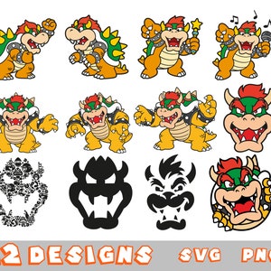 Puede incluir: Doce diseños diferentes de Bowser, el principal antagonista de la serie de videojuegos Super Mario Bros. Bowser se representa en varias poses, incluyendo cantando, sosteniendo un micrófono y usando una corona. Los diseños están en blanco y negro, y en color.