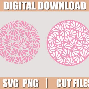 May include: Two pink floral circle designs. One is a solid pink circle with a white floral pattern, and the other is a pink circle with a white floral cut-out design. The text "DIGITAL DOWNLOAD" is at the top, and "SVG PNG | CUT FILES" is at the bottom.