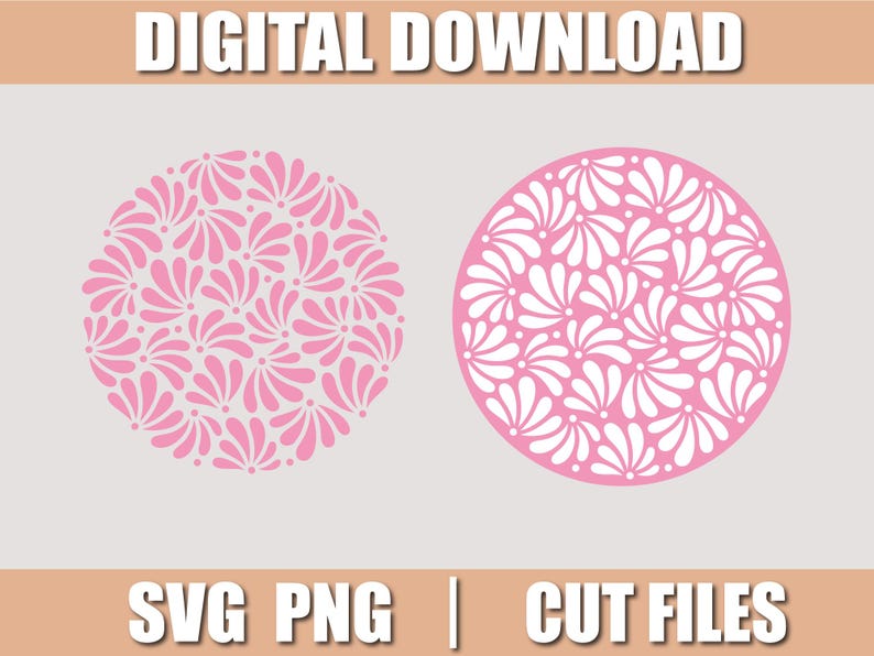 May include: Two pink floral circle designs. One is a solid pink circle with a white floral pattern, and the other is a pink circle with a white floral cut-out design. The text "DIGITAL DOWNLOAD" is at the top, and "SVG PNG | CUT FILES" is at the bottom.