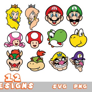 Könnte beinhalten: Ein Set mit 12 bunten Cartoon-Charakteren in SVG- und PNG-Format, die Charaktere aus der Super Mario Bros. Videospiel-Franchise zeigen. Die Charaktere umfassen Mario, Luigi, Peach, Bowser, Yoshi, Toad und mehr.