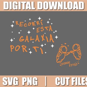 Puede incluir: Gráfico de descarga digital con texto e ilustraciones en naranja sobre fondo gris. El texto dice "RECORRÍ ESTA GALAXIA POR TI" y "DONDE ESTÁS". Dos figuras de astronautas se tocan las manos.