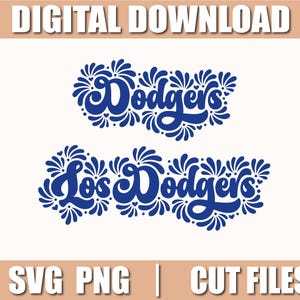 May include: Digital download featuring two blue Dodgers logos. The top logo reads "Dodgers" in a stylized font, and the bottom logo reads "Los Dodgers." Decorative floral elements surround the text. The image also includes the text "SVG PNG | CUT FILES."
