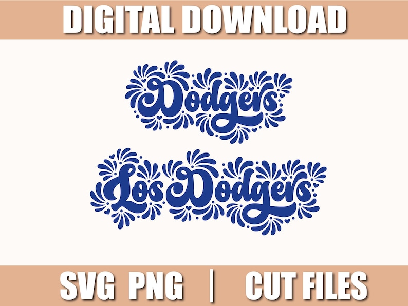 May include: Digital download featuring two blue Dodgers logos. The top logo reads "Dodgers" in a stylized font, and the bottom logo reads "Los Dodgers." Decorative floral elements surround the text. The image also includes the text "SVG PNG | CUT FILES."