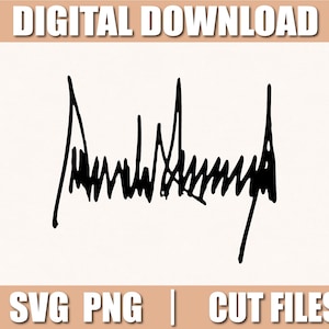 Puede incluir: Firma en blanco y negro de Donald Trump. La firma está en un estilo manuscrito en negrita. La firma es una descarga digital y se puede utilizar para proyectos de manualidades.