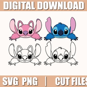 Puede incluir: Descarga digital con cuatro diseños de personajes de dibujos animados. Dos son en color: un personaje rosa y otro azul. Los otros dos son contornos en blanco y negro. El texto "DESCARGA DIGITAL" está en la parte superior.