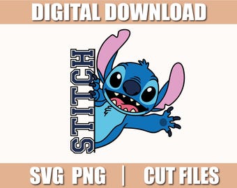 Puede incluir: Un gráfico de descarga digital con el personaje Stitch de Lilo & Stitch. Stitch es azul con ojos grandes y orejas rosas, y la palabra "STITCH" está impresa verticalmente. La imagen también incluye "SVG PNG | CUT FILES".