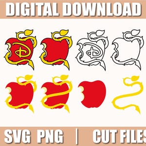 Puede incluir: Descarga digital con ocho diseños de manzanas. Las manzanas son rojas con tallos y enredaderas amarillas, algunas con un mordisco. Algunas manzanas tienen un logotipo de Disney. También está presente el texto "DIGITAL DOWNLOAD" y "SVG PNG | CUT FILES".
