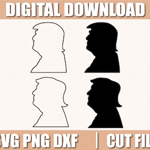 Puede incluir: Cuatro imágenes de silueta de una cabeza y hombros de una persona. Dos imágenes son en negro y dos imágenes son en blanco. Las imágenes son de una persona con el pelo corto y una expresión seria. El texto "DIGITAL DOWNLOAD" está en la parte superior de la imagen. El texto "SVG PNG DXF | CUT FILES" está en la parte inferior de la imagen.