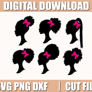 Puede incluir: Gráfico de descarga digital con seis perfiles de silueta negra de una persona con varios peinados, cada uno adornado con un lazo rosa brillante. El texto "DIGITAL DOWNLOAD" está en la parte superior y "SVG PNG DXF | CUT FILES" en la parte inferior.