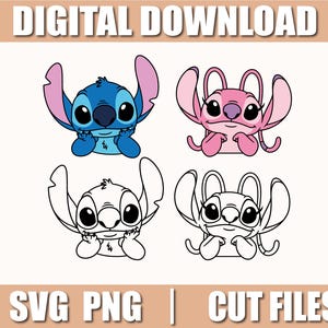 Peut inclure: Téléchargement numérique avec quatre dessins de personnages de dessins animés. Deux sont en couleur : une créature bleue et une rose. Les deux autres sont des contours noirs et blancs des mêmes personnages. Le texte en haut dit "TÉLÉCHARGEMENT NUMÉRIQUE".