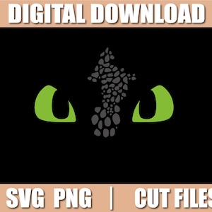 May include: A digital download graphic featuring the eyes and head crest of a dragon against a black background. The eyes are bright green, and the head crest is a pattern of gray shapes. The text "DIGITAL DOWNLOAD" and "SVG PNG | CUT FILES" are at the top and bottom.