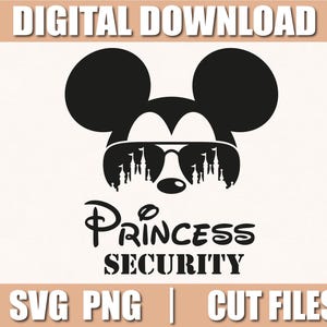 Peut inclure: Silhouette noire et blanche de Mickey Mouse portant des lunettes de soleil avec un motif de château. Le texte "Princess Security" est sous l'image.