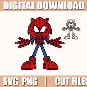 Op de afbeelding: Een rood en blauw cartoonfiguur met een spinnenwebontwerp op de borst. Het figuur heeft een rood en zwart masker en staat in een superheldenpose. De afbeelding bevat de tekst "DIGITAL DOWNLOAD" en "SVG PNG | CUT FILES".