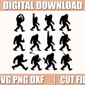 Puede incluir: Un gráfico de descarga digital con siluetas negras de Bigfoot en varias poses. La imagen incluye el texto "DESCARGA DIGITAL" en la parte superior y "SVG PNG DXF | ARCHIVOS DE CORTE" en la parte inferior, indicando los tipos de archivo.