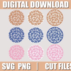 Puede incluir: Imagen de descarga digital con nueve diseños florales circulares en tonos marrón, blanco, azul marino y rosa. El texto "DIGITAL DOWNLOAD" está en la parte superior, con "SVG PNG | CUT FILES" en la parte inferior.