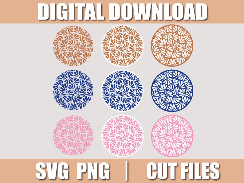 May include: Digital download graphic featuring nine circular designs with floral patterns in various colors: brown, white, navy blue, pink, and white. The text "DIGITAL DOWNLOAD" is at the top, and "SVG PNG | CUT FILES" is at the bottom.