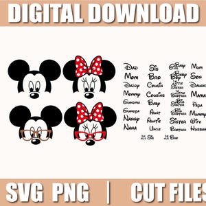 Puede incluir: Descarga digital con caras de Mickey y Minnie Mouse en blanco y negro, con y sin gafas, y Minnie con un lazo rojo de lunares. El texto incluye nombres de miembros de la familia e información del tipo de archivo.
