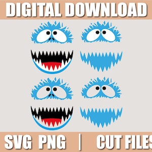 Puede incluir: Gráfico de descarga digital con caras de monstruos de dibujos animados. El diseño incluye cejas azules y peludas, ojos blancos y pupilas negras. Las bocas son negras con dientes blancos e interiores rojos. Se muestra el texto "DIGITAL DOWNLOAD" y "SVG PNG | CUT FILES".