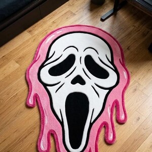 Roze Ghostface getuft tapijt, op horror geïnspireerd tapijt, druipvorm tapijt, esthetisch kamerdecor tapijt, handgemaakt gamer slaapkamertapijt, spookachtig vloerkleed