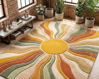 Sunburst Tuftad Matta, Retro Boho Matta, Handgjord Vågig Sunshine Matta, Mitten av Århundradet Modern Vardagsrumsmatta, Estetisk Golvmatta