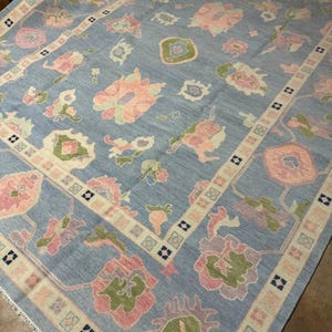 8x10 Hand-Knotted Wool Oushak Rug: Blue Floral Living Room Carpet