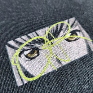Op de afbeelding: Close-up van een donkergrijze stof met een geborduurd ontwerp van ogen in anime-stijl. De ogen zijn bruin met witte highlights, tegen een grijze en witte achtergrond. Een neon groen lijnkunstontwerp bedekt de ogen.