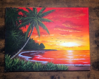 Tramonto rosso/arancione sulla spiaggia di Jungle Painting