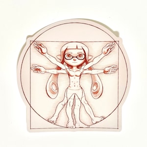 Puede incluir: Un dibujo a línea roja de un personaje de dibujos animados parecido a un calamar al estilo del Hombre de Vitruvio de Leonardo da Vinci. El personaje está en pose con los brazos y las piernas extendidos, encajando dentro de un círculo y un cuadrado.