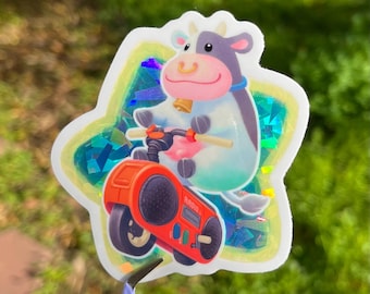 Vaca en bicicleta / Pegatina holográfica de Mario Kart World