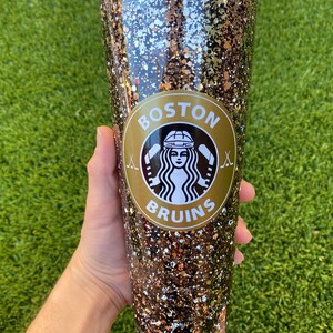 Custom Personalized Boston Bruins Inspired Snow Globe Starbucks 24oz Tumbler Acrylic Glitter NHL Hockey Cup