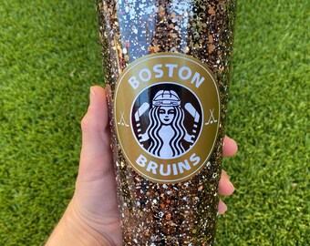 Custom Personalized Boston Bruins Inspired Snow Globe Starbucks 24oz Tumbler Acrylic Glitter NHL Hockey Cup