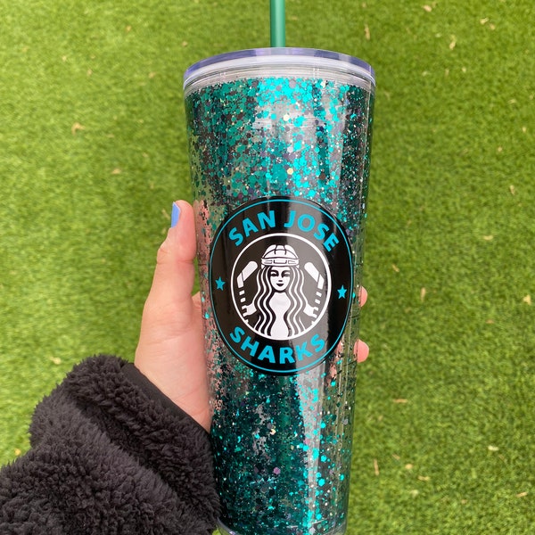 Custom Personalized San Jose Sharks Inspired Snow Globe Starbucks 24oz Tumbler Acrylic Glitter NHL Hockey Cup