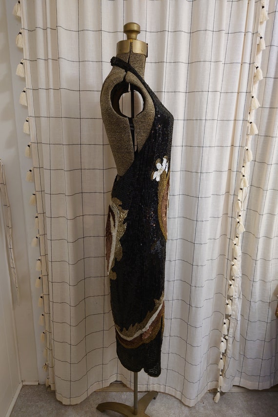 Vintage Sequin Dragon Halter Dress W/ Slit 