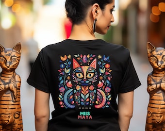 May include: Black t-shirt with a colorful cat design and the text "Mis Maya" on the back.