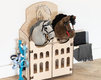 NEW HOBBY HORSE stable stall stand for 2 horses -Handmade wooden stand for 2 stick horses Pferdeställe Stabiler Ständer für ein Steckenpferd