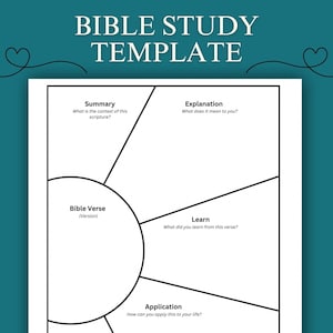 Peut inclure: Un modèle d'étude biblique imprimable en noir et blanc avec des sections pour le verset biblique, le résumé, l'explication, l'apprentissage et l'application.