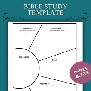 Pode incluir: Um modelo de estudo bíblico branco com seções para resumo, explicação, versículo bíblico, aprendizado e aplicação. O texto "Bible Study Template" está no topo. Um círculo roxo com "Three Sizes" está no canto inferior direito.