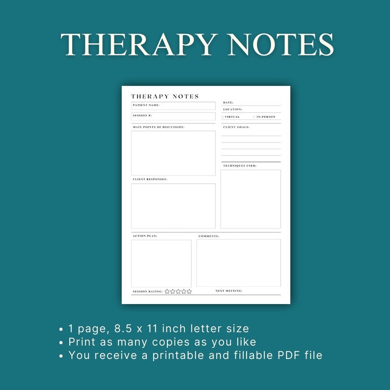 Therapy Notes Sheet Printable & Fillable PDF Therapy Worksheets ...