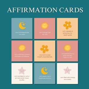 60 tarjetas imprimibles de afirmaciones positivas para mujeres: relaciones, finanzas y autocuidado, tarjetas motivacionales de confianza, positividad diaria