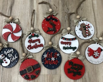 Christmas Ornaments - Hand Painted - Classic Rustic Layered Wooden Holiday Decorations