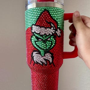 custom Christmas grinch 40oz rhinestone tumbler with handle & straw