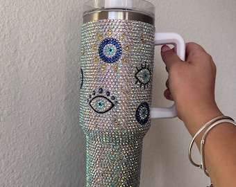 custom 40oz EVIL EYE rhinestone stainless thermal tumbler with handle & straw