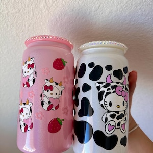 16oz Kitty cowprint glass tumbler w/ rhinestone lid, cow tumbler,
