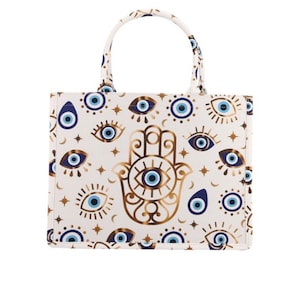 Women’s evil eye hamsa printed tote handbag